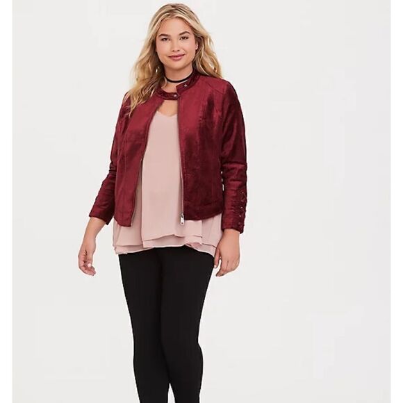 Torrid- Maroon VELVET MOTO JACKET, Size 1X - Picture 1 of 12